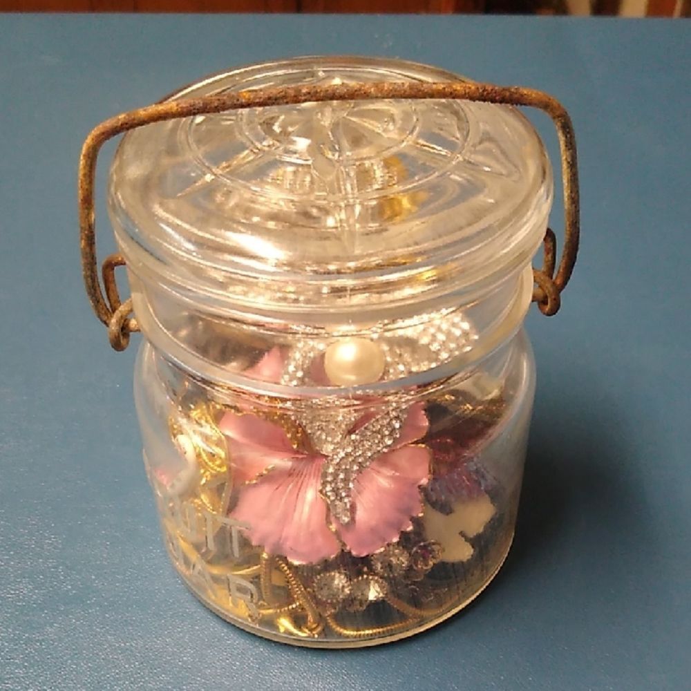 Vintage  Atlas Whole Fruit Glass Jar with Assorted Jewelry Cottagecore Grandmaco